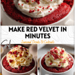 A fluffy red velvet mug cake in a white cup topped with cream cheese frosting and red crumbs. 26